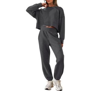 ANRABESS Womens 2 Piece Outfits Lounge Sets Cropped Sweatshirt Joggers Fashion Sweatsuit Sweat Set 2025 Winter Travel Outfits(Dark Grey)