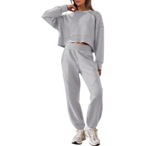ANRABESS Womens 2 Piece Outfits Lounge Sets Cropped Sweatshirt Joggers Fashion Sweatsuit Sweat Set 2025 Winter Travel Outfits(Light Grey)