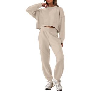 ANRABESS Womens 2 Piece Outfits Lounge Sets Cropped Sweatshirt Joggers Fashion Sweatsuit Sweat Set 2025 Winter Travel Outfits(Lighter Khaki)