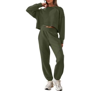 ANRABESS Womens 2 Piece Outfits Lounge Sets Cropped Sweatshirt Joggers Fashion Sweatsuit Sweat Set 2025 Winter Travel Outfits(Olive)