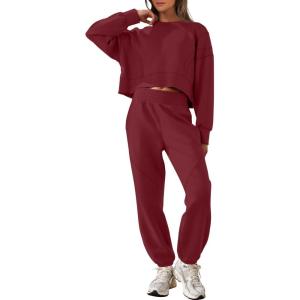ANRABESS Womens 2 Piece Outfits Lounge Sets Cropped Sweatshirt Joggers Fashion Sweatsuit Sweat Set 2025 Winter Travel Outfits(Wine Red)