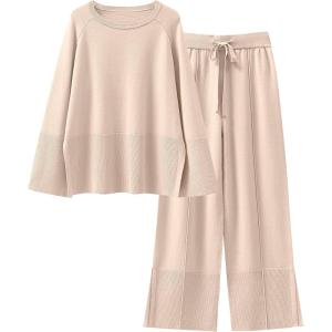 ANRABESS Womens 2 Piece Outfits Oversized Knit Sweater Set Wide Leg Pant Cozy Lounge Matching Pajama Sets 2025 Trendy Clothes(Apricot)