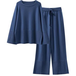 ANRABESS Womens 2 Piece Outfits Oversized Knit Sweater Set Wide Leg Pant Cozy Lounge Matching Pajama Sets 2025 Trendy Clothes(Blue)