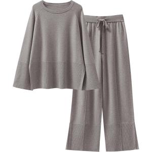 ANRABESS Womens 2 Piece Outfits Oversized Knit Sweater Set Wide Leg Pant Cozy Lounge Matching Pajama Sets 2025 Trendy Clothes(Deep Grey)