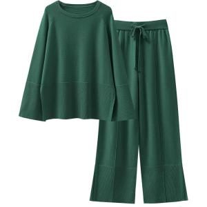 ANRABESS Womens 2 Piece Outfits Oversized Knit Sweater Set Wide Leg Pant Cozy Lounge Matching Pajama Sets 2025 Trendy Clothes(Grass Green)