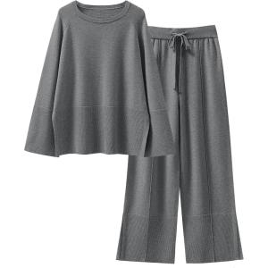 ANRABESS Womens 2 Piece Outfits Oversized Knit Sweater Set Wide Leg Pant Cozy Lounge Matching Pajama Sets 2025 Trendy Clothes(Gray)