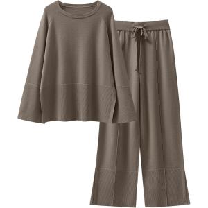 ANRABESS Womens 2 Piece Outfits Oversized Knit Sweater Set Wide Leg Pant Cozy Lounge Matching Pajama Sets 2025 Trendy Clothes(Khaki Green)