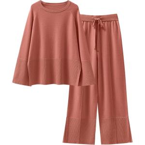ANRABESS Womens 2 Piece Outfits Oversized Knit Sweater Set Wide Leg Pant Cozy Lounge Matching Pajama Sets 2025 Trendy Clothes(Rust)