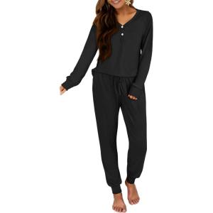 ANRABESS Women’s 2 Piece Outfits Pajama Sets Long Sleeve Henley Tops Sweatpants Matching Lounge Set 2025 Fall Pj Sleepwear(Black)