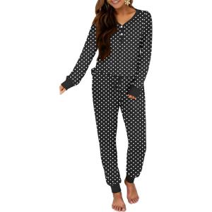 ANRABESS Women’s 2 Piece Outfits Pajama Sets Long Sleeve Henley Tops Sweatpants Matching Lounge Set 2025 Fall Pj Sleepwear(Black Spots Floral)