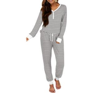 ANRABESS Women’s 2 Piece Outfits Pajama Sets Long Sleeve Henley Tops Sweatpants Matching Lounge Set 2025 Fall Pj Sleepwear(Black White Stripe Floral)
