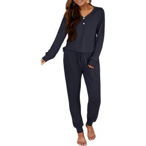 ANRABESS Women’s 2 Piece Outfits Pajama Sets Long Sleeve Henley Tops Sweatpants Matching Lounge Set 2025 Fall Pj Sleepwear(Deep Blue)