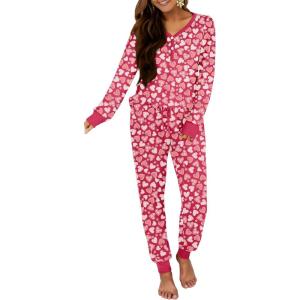 ANRABESS Women’s 2 Piece Outfits Pajama Sets Long Sleeve Henley Tops Sweatpants Matching Lounge Set 2025 Fall Pj Sleepwear(Diverse Love Floral)