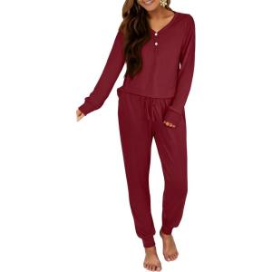 ANRABESS Women’s 2 Piece Outfits Pajama Sets Long Sleeve Henley Tops Sweatpants Matching Lounge Set 2025 Fall Pj Sleepwear(Wine Red)