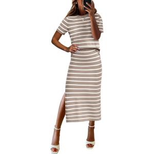 ANRABESS Womens 2 Piece Outfits Striped Sweater Skirt Sets 2025 Summer Casual Short Sleeve Pullover Tops Travel Midi Dress(Beige White)