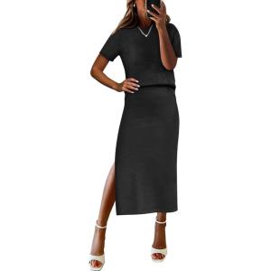 ANRABESS Womens 2 Piece Outfits Striped Sweater Skirt Sets 2025 Summer Casual Short Sleeve Pullover Tops Travel Midi Dress(Black)