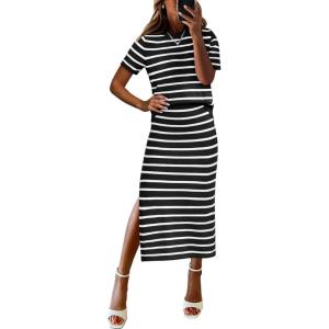 ANRABESS Womens 2 Piece Outfits Striped Sweater Skirt Sets 2025 Summer Casual Short Sleeve Pullover Tops Travel Midi Dress(Black White)