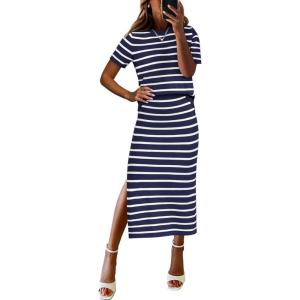 ANRABESS Womens 2 Piece Outfits Striped Sweater Skirt Sets 2025 Summer Casual Short Sleeve Pullover Tops Travel Midi Dress(Blue White)
