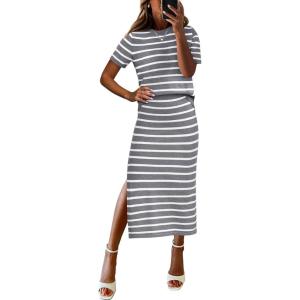 ANRABESS Womens 2 Piece Outfits Striped Sweater Skirt Sets 2025 Summer Casual Short Sleeve Pullover Tops Travel Midi Dress(Grey White)