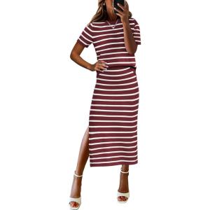 ANRABESS Womens 2 Piece Outfits Striped Sweater Skirt Sets 2025 Summer Casual Short Sleeve Pullover Tops Travel Midi Dress(Red White)