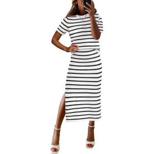 ANRABESS Womens 2 Piece Outfits Striped Sweater Skirt Sets 2025 Summer Casual Short Sleeve Pullover Tops Travel Midi Dress(White Black)