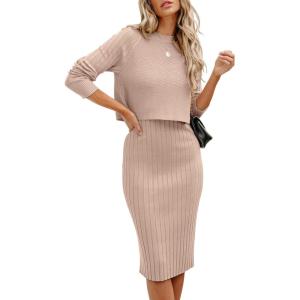 ANRABESS Womens 2 Piece Outfits Sweater Dresses Set Midi Skirt Sets Long Sleeve Crop Top Bodycon Ribbed Knit Dress 2025 Fall(Apricot)