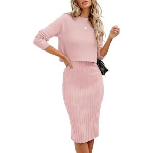 ANRABESS Womens 2 Piece Outfits Sweater Dresses Set Midi Skirt Sets Long Sleeve Crop Top Bodycon Ribbed Knit Dress 2025 Fall(Pink)