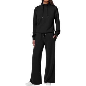 ANRABESS Womens 2 Piece Outfits Sweatsuit Set 2025 Fall Drawstring Sweatshirt Wide Leg Sweatpant Lounge Set Tracksuit(Black)