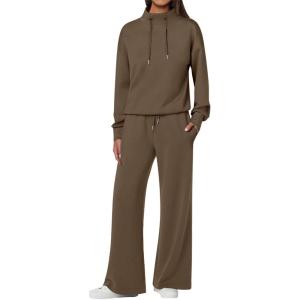 ANRABESS Womens 2 Piece Outfits Sweatsuit Set 2025 Fall Drawstring Sweatshirt Wide Leg Sweatpant Lounge Set Tracksuit(Brown)
