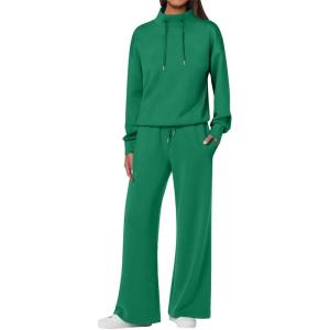 ANRABESS Womens 2 Piece Outfits Sweatsuit Set 2025 Fall Drawstring Sweatshirt Wide Leg Sweatpant Lounge Set Tracksuit(Green)