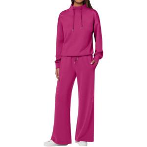 ANRABESS Womens 2 Piece Outfits Sweatsuit Set 2025 Fall Drawstring Sweatshirt Wide Leg Sweatpant Lounge Set Tracksuit(Hot Pink)
