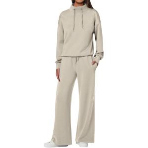 ANRABESS Womens 2 Piece Outfits Sweatsuit Set 2025 Fall Drawstring Sweatshirt Wide Leg Sweatpant Lounge Set Tracksuit(Light Khaki)
