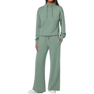 ANRABESS Womens 2 Piece Outfits Sweatsuit Set 2025 Fall Drawstring Sweatshirt Wide Leg Sweatpant Lounge Set Tracksuit(Pea Green)