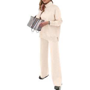 ANRABESS Womens 2 Piece Outfits Turtleneck Matching Lounge Set Sweater Top Wide Leg Pants Fall Cozy Knit Sweatsuit Loungewear(Aprticot)