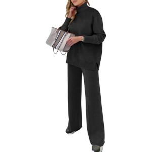 ANRABESS Womens 2 Piece Outfits Turtleneck Matching Lounge Set Sweater Top Wide Leg Pants Fall Cozy Knit Sweatsuit Loungewear(Black)