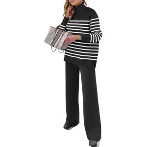 ANRABESS Womens 2 Piece Outfits Turtleneck Matching Lounge Set Sweater Top Wide Leg Pants Fall Cozy Knit Sweatsuit Loungewear(Black White Stripe)
