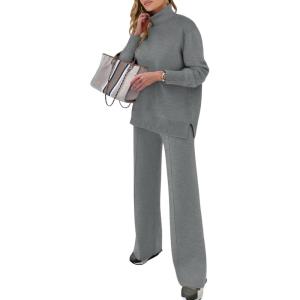 ANRABESS Womens 2 Piece Outfits Turtleneck Matching Lounge Set Sweater Top Wide Leg Pants Fall Cozy Knit Sweatsuit Loungewear(Grey)