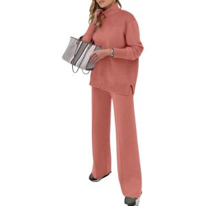 ANRABESS Womens 2 Piece Outfits Turtleneck Matching Lounge Set Sweater Top Wide Leg Pants Fall Cozy Knit Sweatsuit Loungewear(Rust)