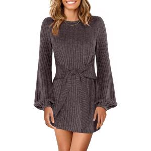 ANRABESS Womens 2025 Fall Dress Long Lantern Sleeve Ribbed Knit Casual Tie Waist Lightweight Mini Sweater Dress(Chocolate Brown)