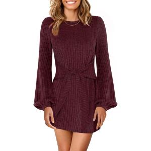 ANRABESS Womens 2025 Fall Dress Long Lantern Sleeve Ribbed Knit Casual Tie Waist Lightweight Mini Sweater Dress(Dark Burgundy)