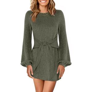 ANRABESS Womens 2025 Fall Dress Long Lantern Sleeve Ribbed Knit Casual Tie Waist Lightweight Mini Sweater Dress(Deep Green)