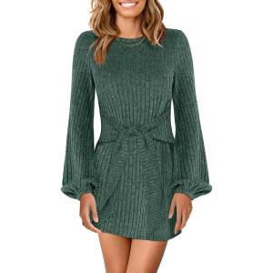 ANRABESS Womens 2025 Fall Dress Long Lantern Sleeve Ribbed Knit Casual Tie Waist Lightweight Mini Sweater Dress(Green)