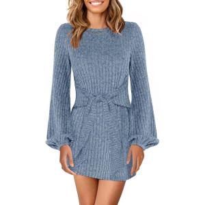 ANRABESS Womens 2025 Fall Dress Long Lantern Sleeve Ribbed Knit Casual Tie Waist Lightweight Mini Sweater Dress(Grey Blue)
