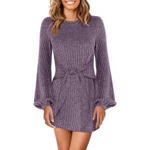 ANRABESS Womens 2025 Fall Dress Long Lantern Sleeve Ribbed Knit Casual Tie Waist Lightweight Mini Sweater Dress(Purple)