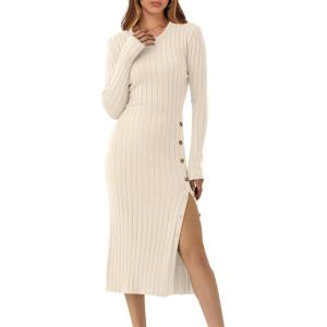 ANRABESS Womens 2025 Fall Long Sleeve Midi Dress Ribbed Knit Bodycon Fitted Button Down Wedding Guest Slit Sweater Dresses(Beige)