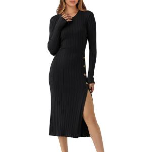 ANRABESS Womens 2025 Fall Long Sleeve Midi Dress Ribbed Knit Bodycon Fitted Button Down Wedding Guest Slit Sweater Dresses(Black)