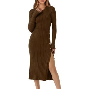 ANRABESS Womens 2025 Fall Long Sleeve Midi Dress Ribbed Knit Bodycon Fitted Button Down Wedding Guest Slit Sweater Dresses(Brown)