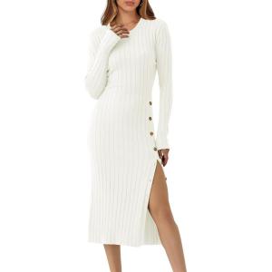 ANRABESS Womens 2025 Fall Long Sleeve Midi Dress Ribbed Knit Bodycon Fitted Button Down Wedding Guest Slit Sweater Dresses(White)