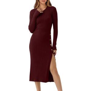 ANRABESS Womens 2025 Fall Long Sleeve Midi Dress Ribbed Knit Bodycon Fitted Button Down Wedding Guest Slit Sweater Dresses(Wine Red)