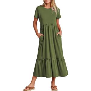 ANRABESS Womens 2025 Summer Casual Maxi Dress A line Tiered Flowy Short Sleeve Crewneck T Shirt Beach Travel Long Dresses(Army Green)
